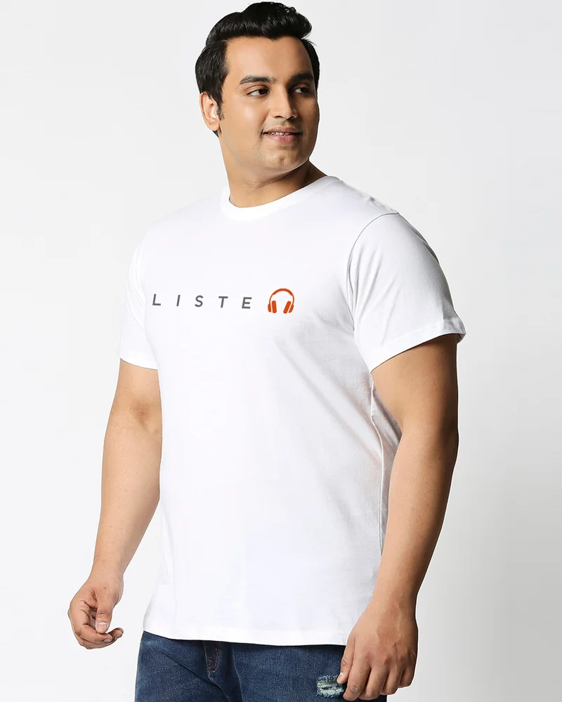 بيواكوف Men's White Keep Listening Typography Plus Size T-shirt